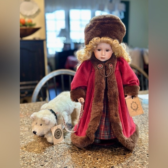 1998 BOYDS COLLECTION LTD. 16”PORCELAIN DOLL, LARA,WITH POLAR BEAR. ALL ORIGINAL - Picture 1 of 16